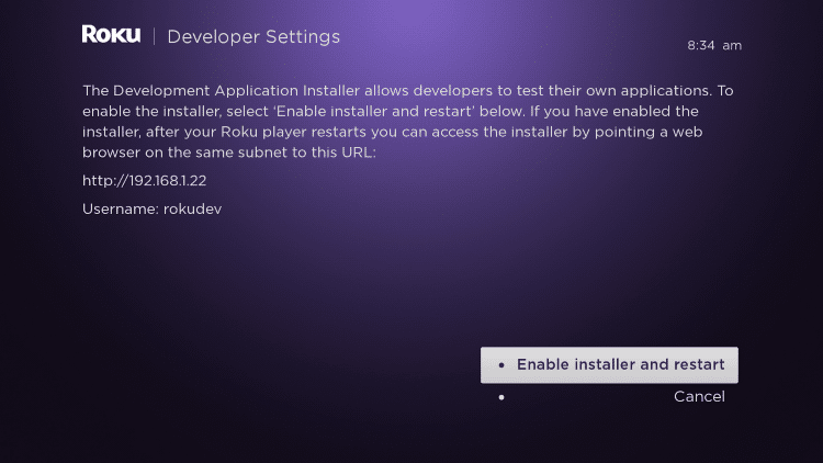 click enable installer and restart to watch iptv on roku