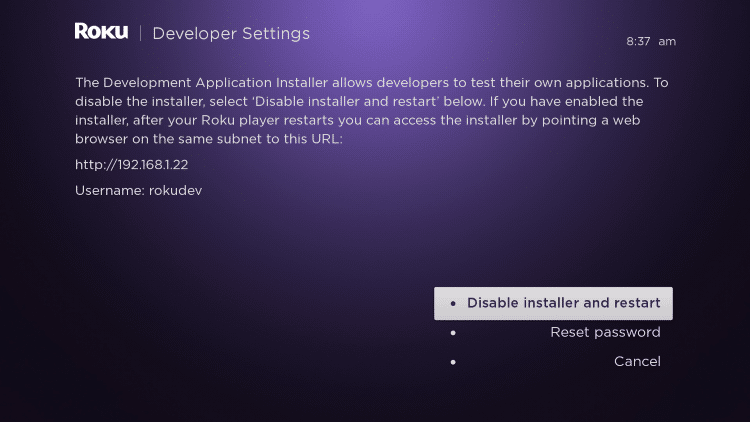 enter developer settings prompt for streaming iptv on roku